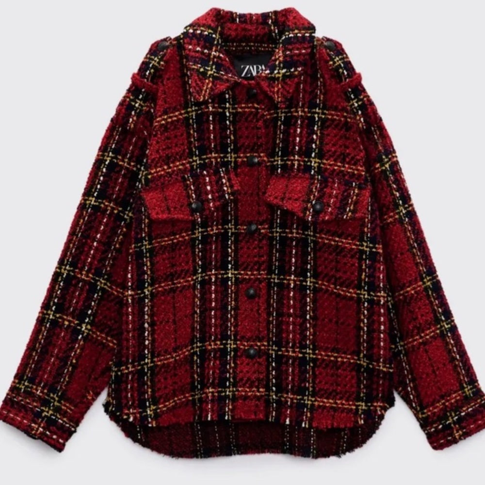 NEW NWT ZARA RED HOLIDAY TEXTURED TWEED BUTTON DOWN PLAID JACKET BLAZER SZ S